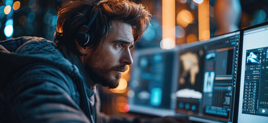 Fototapete - A visual effects artist working on a computer, with animation software. Generative AI.