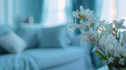 Poster - Modern blue living room design with sofa and furniture. Blurred bright living room with sofa and flowers