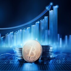 A 3D coin background with a blue finance graph and investment bar, showcasing growth and success in the market with technology and currency reports. generative ai.