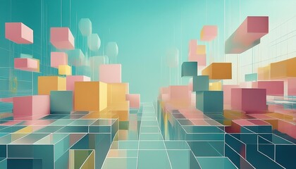 Abstract geometric background with floating cubes in pastel colors, futuristic minimalist design, digital art illustration