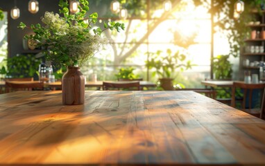 A wooden table with a vase of flowers on it. The table is in a restaurant with a view of trees outside