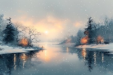 Wall Mural - Watercolor winter evening scene with snowfall over a calm river and forest.