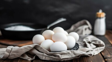 Wall Mural -   A mound of snow-white eggs rests atop an old wooden table near a seasoned skillet