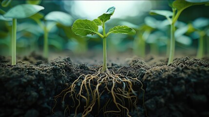 Aufkleber - A seed growing in good soil, scene from underground view, viewing the roots and everything above ground. Generative AI.