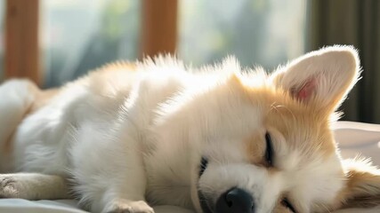 Wall Mural - Adorable Corgi Puppy Sleeping Peacefully on Bed in Sunlit Room