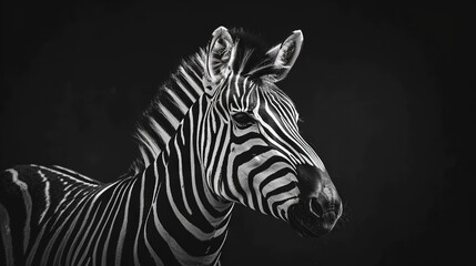 Poster -  A monochrome picture of a zebra with its head tilted to the side against a dark backdrop