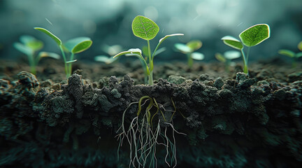 Aufkleber - A seed growing in good soil, scene from underground view, viewing the roots and everything above ground. Generative AI.