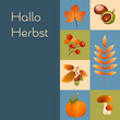 © Artlanes - Hallo Herbst - Schriftzug in deutscher Sprache. Quadratische Karte mit Kürbis, Beeren, Kastanien, Eicheln, Ahornblatt und Pilzen.