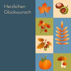 Poster - Herzlichen Glückwunsch  - Schriftzug in deutscher Sprache. Quadratische Karte mit Kürbis, Beeren, Kastanien, Eicheln, Ahornblatt und Pilzen.