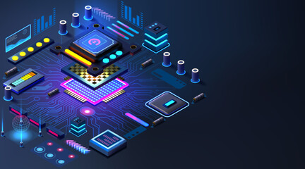 Poster - Semiconductor hardware. Computer motherboard chip. CPU microchip components of circuit technology. Electronic processor. Cyber engineering. PC microprocessor. Vector design background