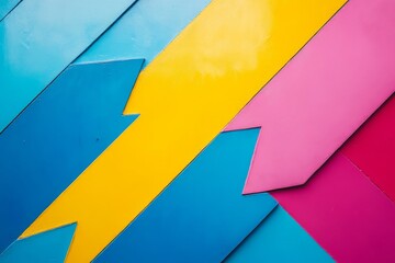 Brightly colored arrows in blue, yellow, and pink point in different directions, creating an abstract design that evokes energy and movement