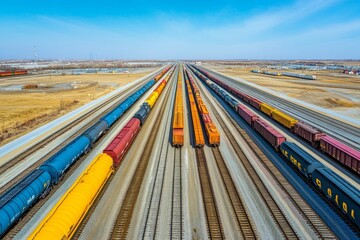 Colorful freight trains are aligned on railway tracks, stretching across the landscape beneath a clear blue sky, showcasing the transportation network in action