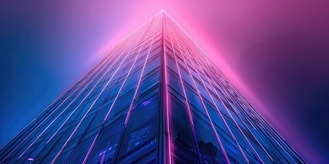 Poster - A single skyscraper, blue and purple light. Generative AI.
