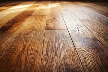 Poster - The polished wooden floor showcases stunning grain patterns and natural textures illuminated by warm light, creating a serene and inviting atmosphere