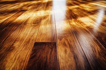 Poster - The polished wooden floor reflects light, showcasing its intricate grain patterns and warm tones in a beautifully designed indoor setting