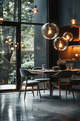 Poster - Dark interior, dark environment, big window, glossy concrete on the floor, pendant glass lights above table with chairs near the window. Generative AI.
