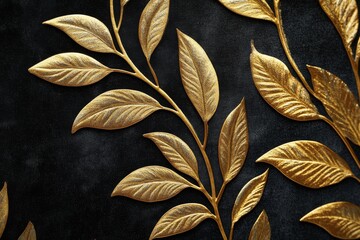 Poster - The luxurious wallpaper displays intricate golden leaves set against a rich black velvet backdrop, highlighting its opulence and artistry
