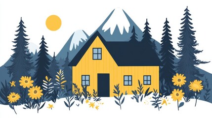 Sticker - Colorful Cabin in a Mountain Landscape