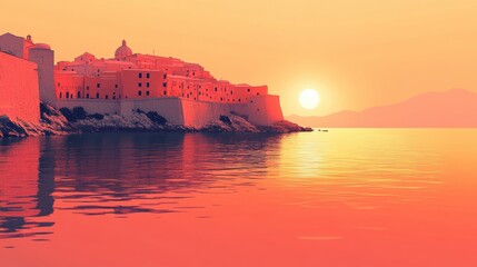 Poster - Sunset Over Serene Coastal Fortress Reflection