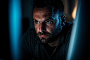 Poster - A serious man sits in a dimly lit room, intensely focusing on the computer screen, reflecting concentration and dedication to his task