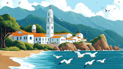 Wall Mural - Coastal Village with Mountains and Seagulls