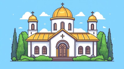 Canvas Print - Illustration of a Church with Golden Domes and Trees