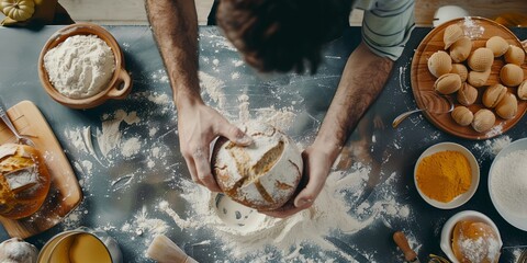 A man is holding a piece of bread on a table with other food items. The table is covered with flour and other ingredients, and there are bowls and spoons nearby. Concept of warmth and comfort