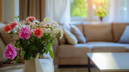 Poster - Modern living room design with sofa and furniture. Blurred bright living room with sofa and flowers