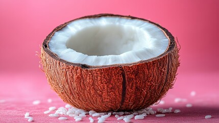 Canvas Print - Fresh Coconut Half on Pink Background with Flakes