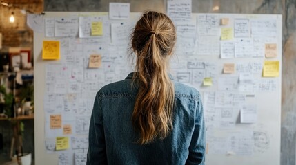 A woman with long brown hair is looking at a wall covered in sticky notes