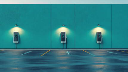 2 electric car charging stations on the wall of an empty parking lot, minimalist design