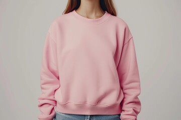 Wall Mural - Front view of a woman in blank sweatshirt on grey background