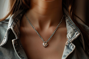 Wall Mural - Silver heart pendant and chain on woman's neck