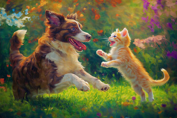 Wall Mural - A vibrant oil painting of a dog and kitten playing in a colorful garden, symbolizing innocence, joy, and the beauty of nature.