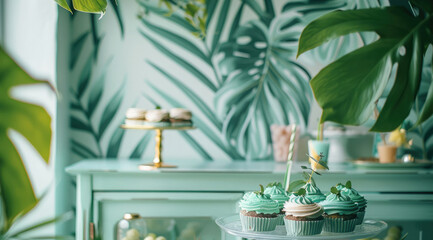 Poster - The light green birthday party features palm leaf decoration and eucalyptus leaf decoration, with a close-up cabinet top. Generative AI.