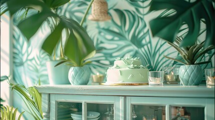 Poster - The light green birthday party features palm leaf decoration and eucalyptus leaf decoration, with a close-up cabinet top. Generative AI.