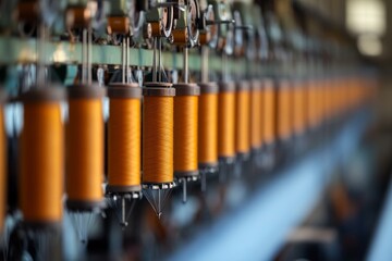 Wall Mural - Aligned textile mill spindles display vibrant threads and intricate machinery, illustrating the textile production process in an industrial setting