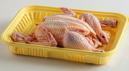 Canvas Print - A raw chicken in yellow plastic tray, front view, isolated on white background. Generative AI.