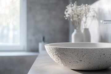 Poster - The stone tabletop in this minimalist bathroom is complemented by soft natural light and elegant vases, creating a serene and calming atmosphere