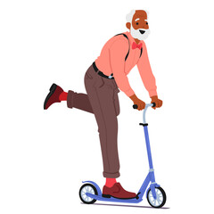 Joyful Elderly Man Riding A Scooter. Male Character Wearing Suspenders, A Bow Tie, And Looks Delighted, Showcasing Fun