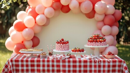 Poster - Outdoor lawn birthday party, there is a table on the table with strawberry cake, cutlery, cookies. The tablecloth is red and white check. The background has an arched pale pink background board.