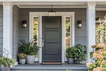 this grey modern farmhouse front door features a covered porch and is adorned with planters and ligh