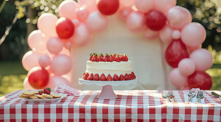Poster - Outdoor lawn birthday party, there is a table on the table with strawberry cake, cutlery, cookies. The tablecloth is red and white check. The background has an arched pale pink background board.