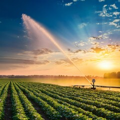 Wall Mural - Irrigation system on agricultural soybean field, rain gun sprinkler on helps to grow plants in the dry season, increases crop yields. Landscape beautiful sunset. generative AI.