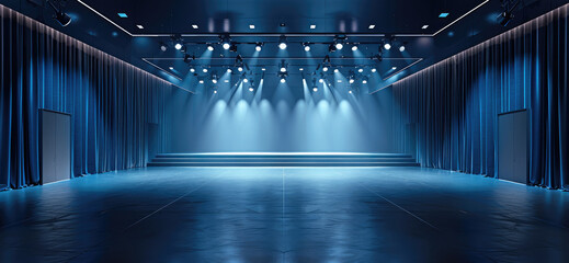 Aufkleber - Panoramic symmetrical view, dark elegant conference hall with large stage for performance, floodlights, empty large room. Generative AI.