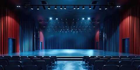 Poster - Panoramic symmetrical view, dark elegant conference hall with large stage for performance, floodlights, empty large room. Generative AI.