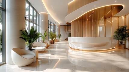 Poster - The lobby of the luxury hotel features a modern style with white walls and light wood accents. It has a curved reception desk with gold trim and large windows overlooking greenery outside.