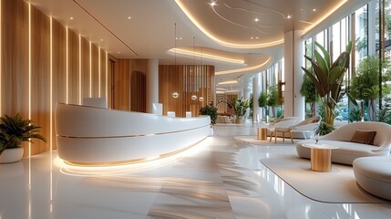 Poster - The lobby of the luxury hotel features a modern style with white walls and light wood accents. It has a curved reception desk with gold trim and large windows overlooking greenery outside.