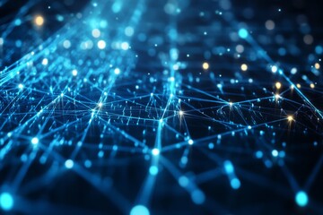 Fototapete - A vast digital network filled with glowing particles and interconnected data lines creates a dynamic three-dimensional grid in a cyberspace environment
