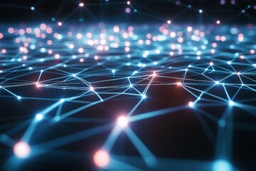 Fototapete - A vibrant digital network displays glowing particles and intricate data lines weaving through a three-dimensional grid, illustrating the essence of cyberspace